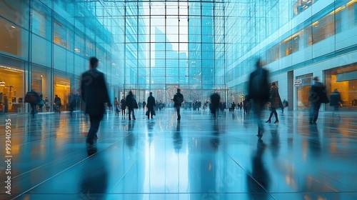 a long exposure photograph captures a blur of business people moving through a bright office lobby illustrating the fastpaced nature of corporate life