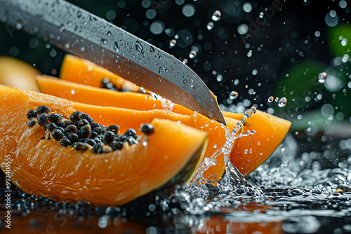 papaya slices with knife and water drops and splashes on natural background photo