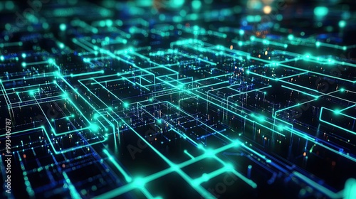 Futuristic data connection grid with glowing blue and green lines. 3D vector of a cyber reactor power system driving AI and big data innovation