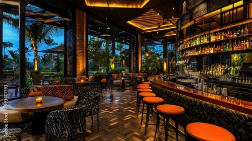 Luxurious and captivating interior of a Bali hotel bar area, with modern seating, vibrant lighting, and a tropical backdrop, perfect for a joyful evening ambiance