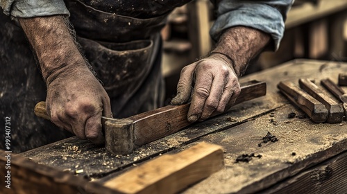 A skilled restorer carefully examining and repairing a vintage piece of furniture, showcasing meticulous attention to detail.  photo