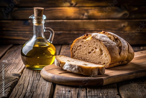 appetizer, health, wood table, close-up, homemade, food, oil, cuisine, Close up of a slice of bread placed on a rustic wooden table accompanied by a bottle of oil and a bottle of vinegar
