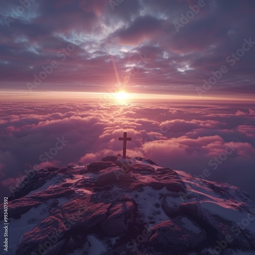 Celtic cross on mountain peak at sunset