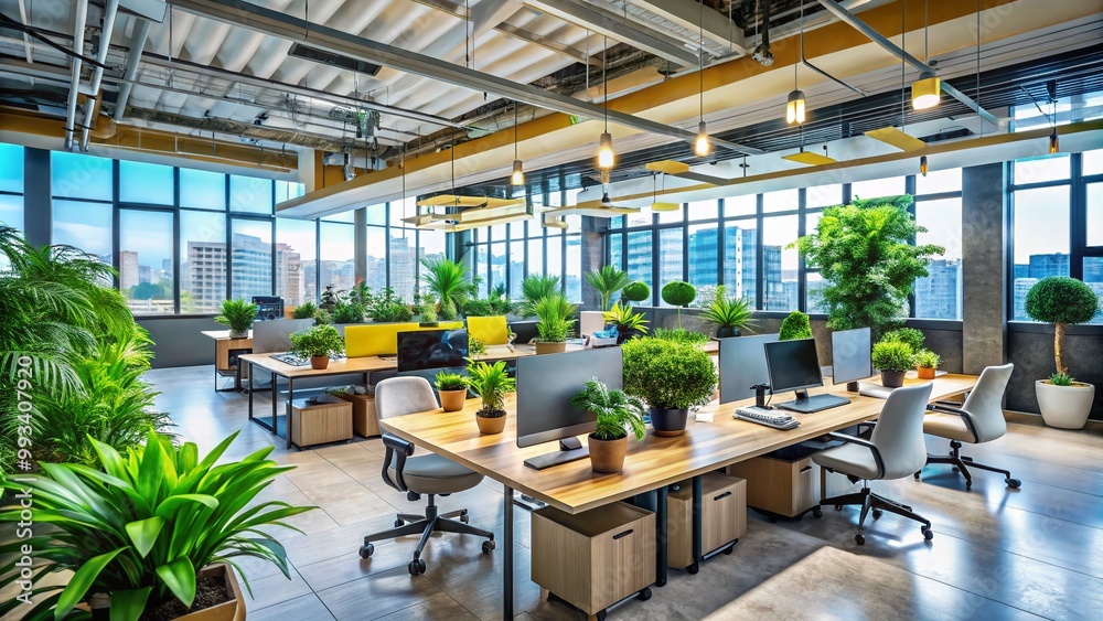 Naklejka premium Modern Office Space with Desks, Laptops, Plants, and Natural Light in a Contemporary Workspace Design
