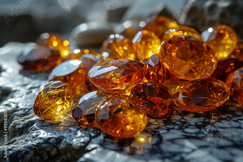 Precious blue and orange topaz crystals on natural background