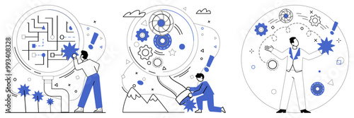 Change management vector illustration. Strategic innovation is microscope through which businesses examine intricate details improvement Progress in business strategy is golden path leading