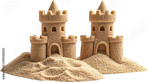 Sandcastle on sandy beach isolated on white background photo