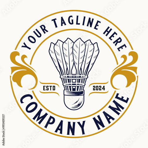 Badminton logo. racket and shuttlecock laurel circle decoration vintage style for badminton sport club