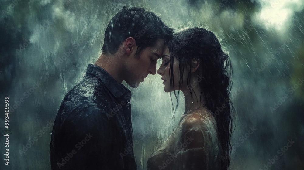 Romantic couple standing close together in the rain. Romantic couple standing close together in the rain.