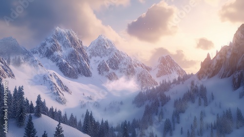 Majestic snowy mountains rising against a clear blue sky, their peaks adorned with a thick layer of pristine snow that sparkles under the sunlight. 