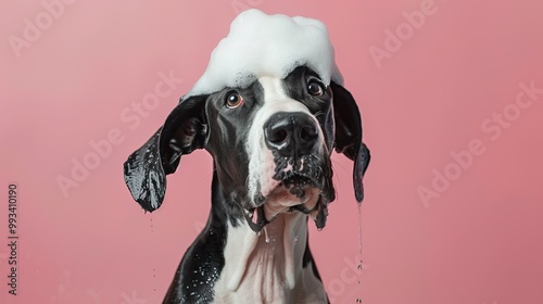 Dog with soap bubbles on head, pink background