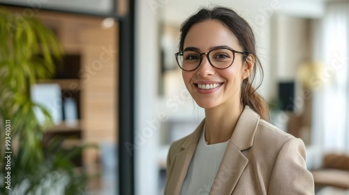 Welcoming woman real estate agent inviting a prospective buyer to tour a beautifully staged modern home, showcasing her friendly and approachable persona