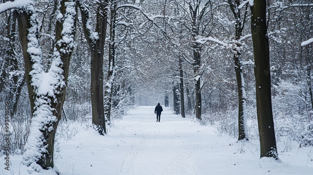 A solitary figure walking along a snow-covered path in a tranquil winter forest, where trees stand tall with thick snow blanketing their branches. 