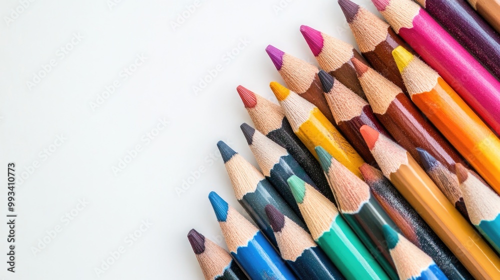 Naklejka premium Varied colored pencils aligned on white background