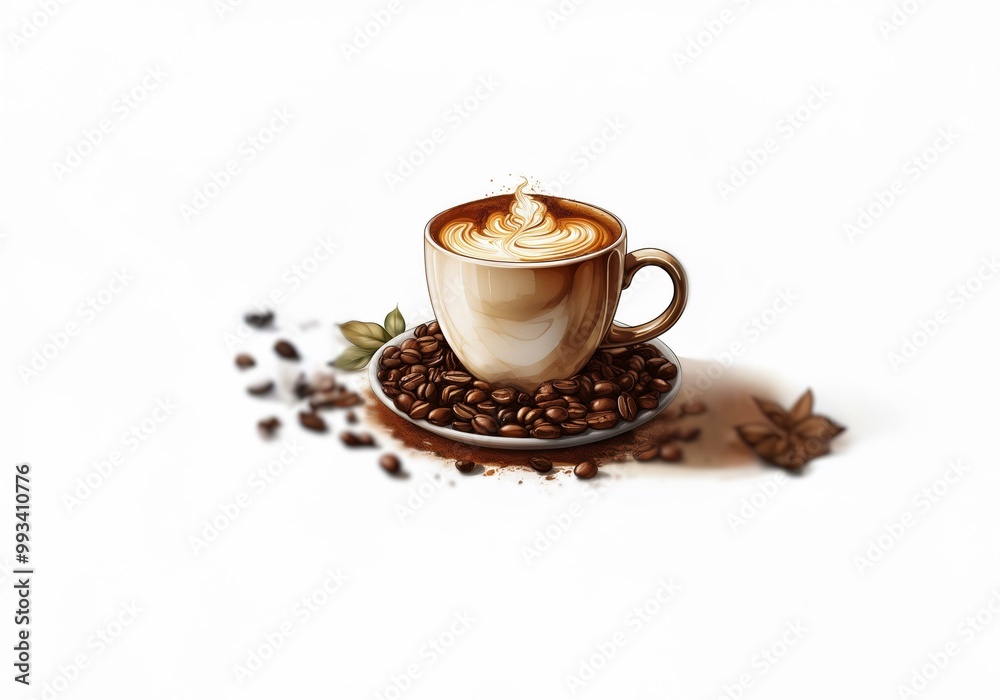 Obraz premium A cup of coffee with latte art rests on a saucer surrounded by coffee beans.