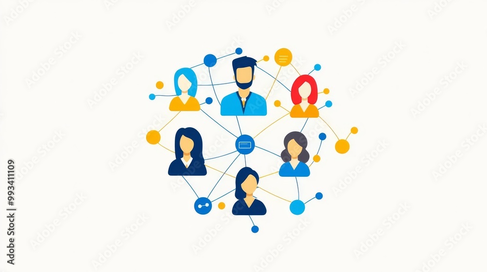 Network connection illustration with diverse human silhouettes and social icons. Network connection illustration with diverse human silhouettes and social icons.