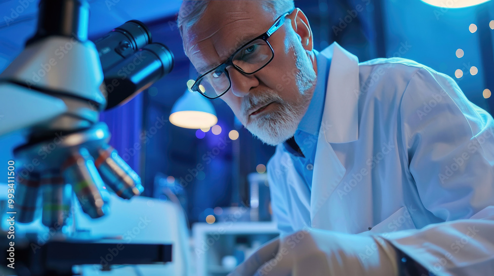 Dedicated Scientist in Lab Coat Scrutinizing Microscope with Bacteria Samples on Petri Dish, Representing Disease Inquiry and Medical Research Excellence Dedicated Scientist in Lab Coat Scrutinizing Microscope with Bacteria Samples on Petri Dish, Representing Disease Inquiry and Medical Research Excellence