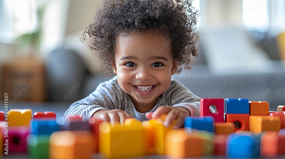 A smiling toddler with curly hair playing with colorful blocks A smiling toddler with curly hair playing with colorful blocks