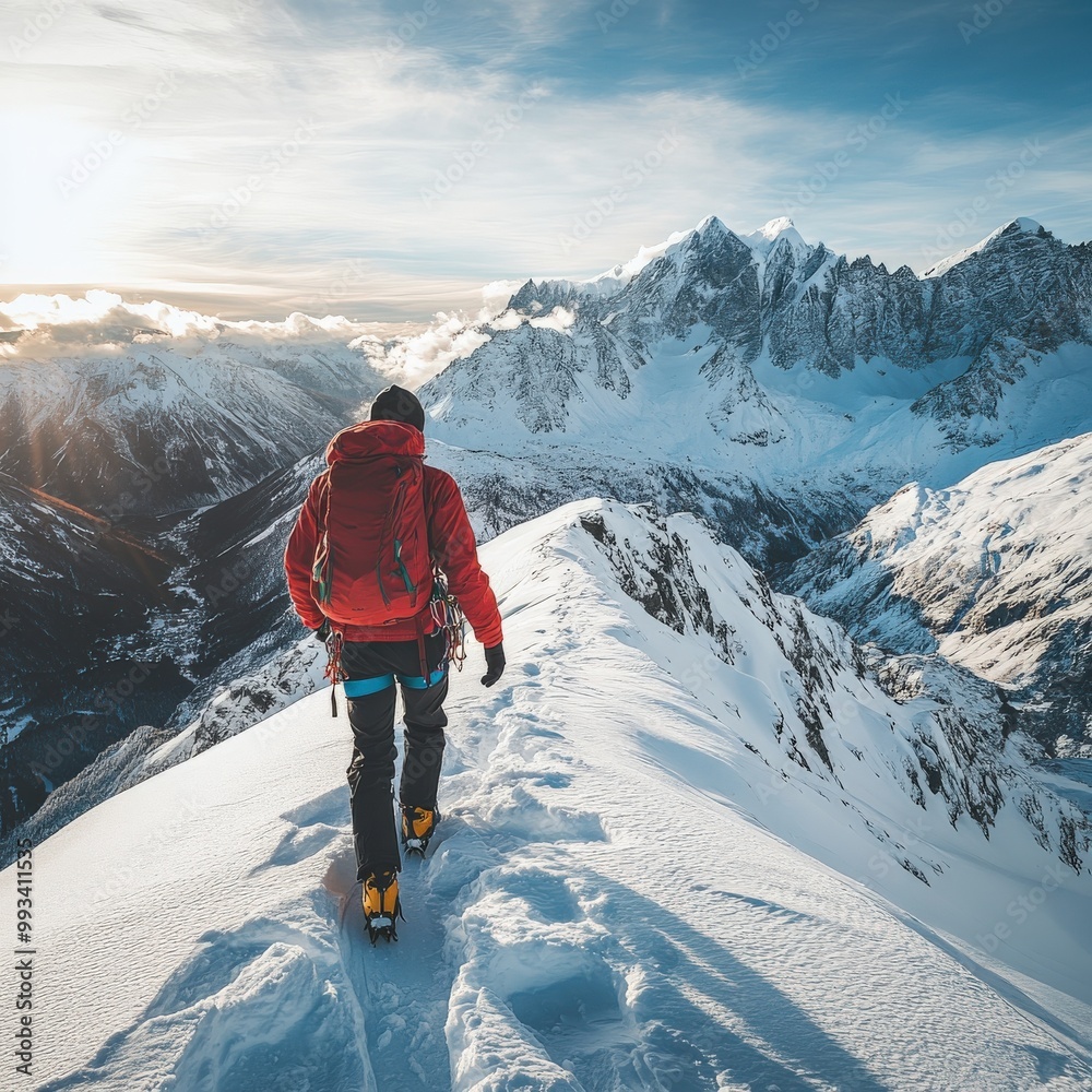 Climber in red jacket trekking through the snowy Alps under bright sunlight Climber in red jacket trekking through the snowy Alps under bright sunlight
