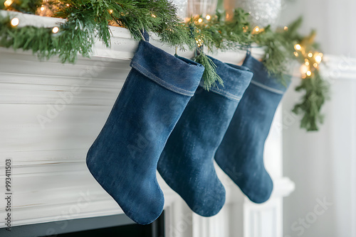 Three cozy blue stockings from denim hang from a festive mantel adorned with greenery and twinkling lights during the holiday season photo