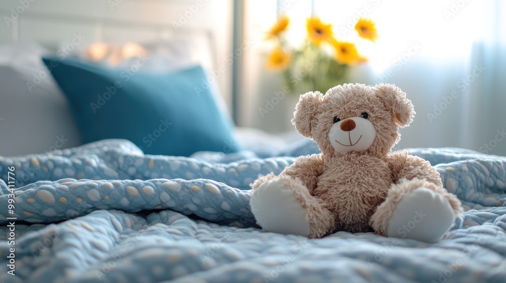 Fluffy bear on polka dot bedspread with sunflowers and cushions in background