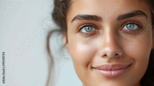 Close-Up Portrait of a Smiling Woman with Blue Eyes on a Light Background