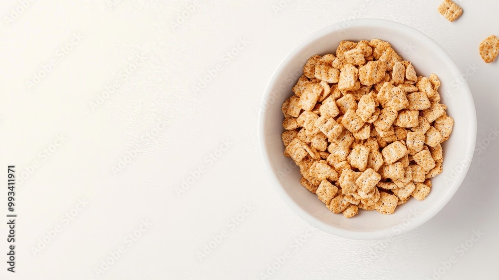 Bowl of crunchy square cereal on white surface Bowl of crunchy square cereal on white surface