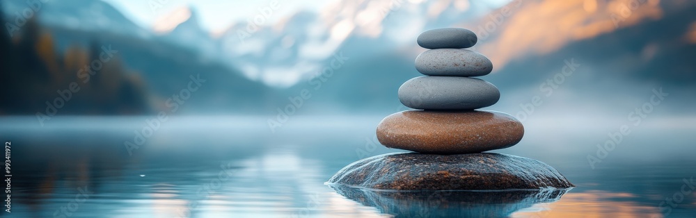 Balanced stones on serene lakeside with misty mountain background Balanced stones on serene lakeside with misty mountain background