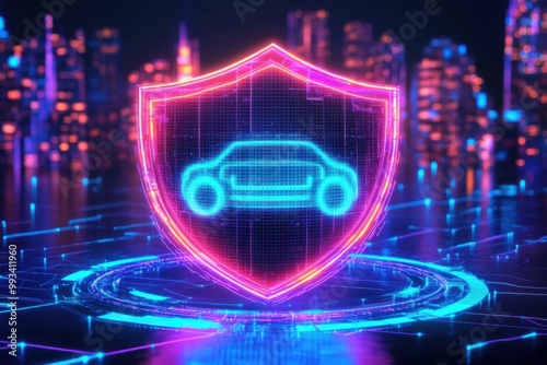 A futuristic digital shield surrounding a car, symbolizing auto insurance protection, with vibrant neon lights and a modern cityscape in the background