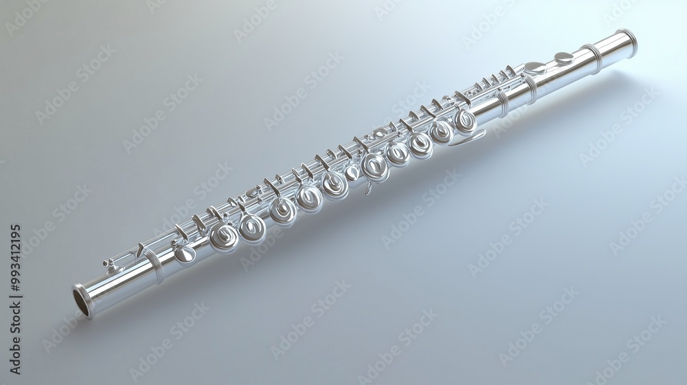Fototapeta premium A polished silver flute resting on a smooth surface, showcasing its intricate key design and elegant craftsmanship.
