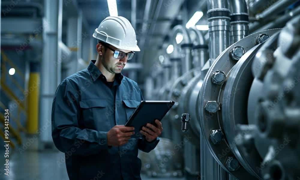 factory worker in a hard hat operates a tablet while inspecting large industrial machinery in a brightly lit, modern industrial facility, showcasing technology and efficiency in the manufacturing factory worker in a hard hat operates a tablet while inspecting large industrial machinery in a brightly lit, modern industrial facility, showcasing technology and efficiency in the manufacturing