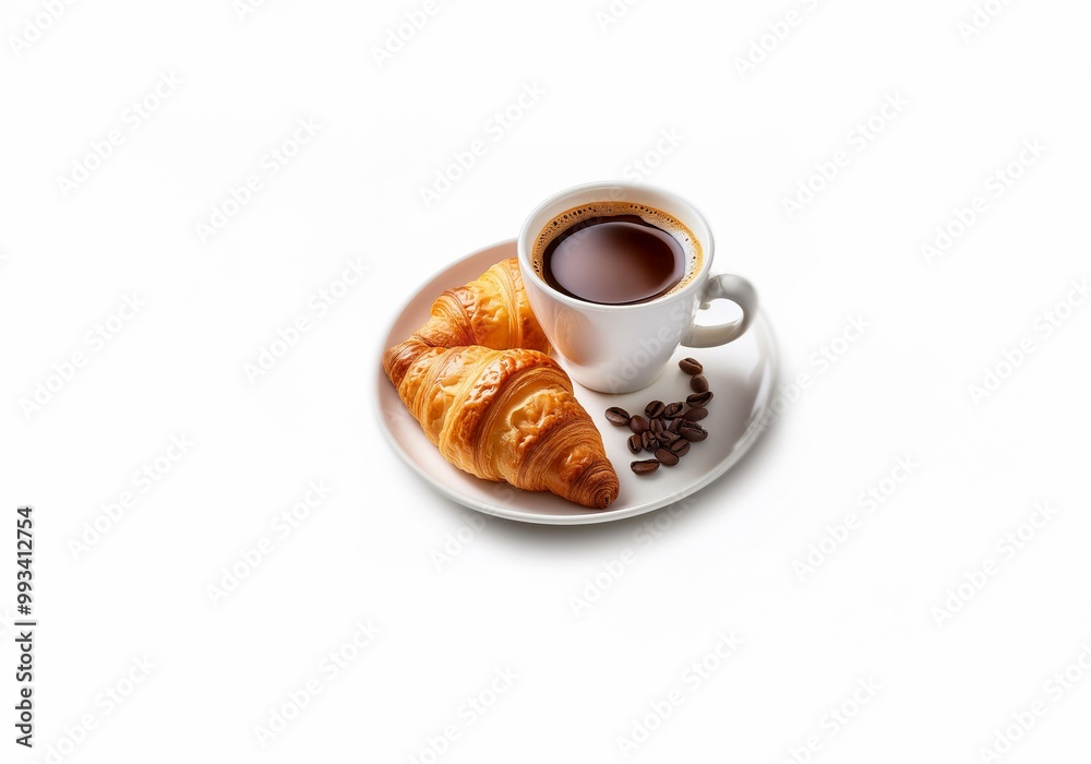 A white cup of coffee sits on a white saucer next to two croissants and a scattering of coffee beans. A white cup of coffee sits on a white saucer next to two croissants and a scattering of coffee beans.