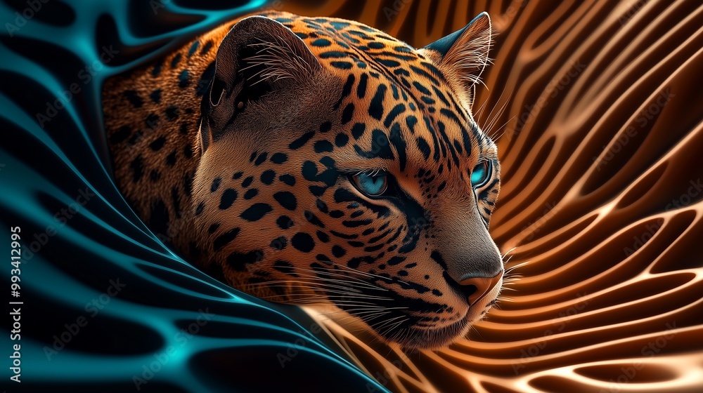 Naklejka premium Close-Up Portrait of Majestic Leopard with Surreal Background Lighting