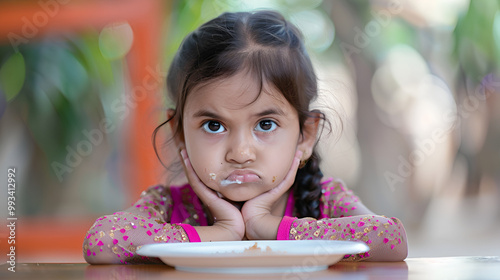 desi asian little girl toddler saying no thanks to empty meal plate copy space