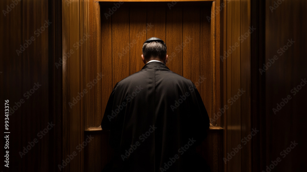Naklejka premium A priest wearing a black robe stands inside a wooden confessional booth, symbolizing the act of penance and spiritual guidance. 