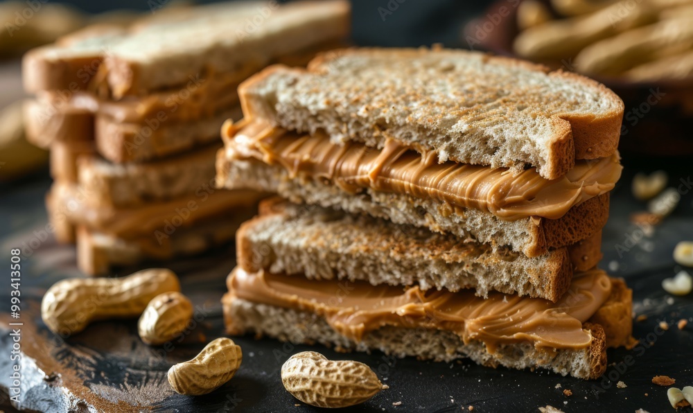 Peanut butter and jelly sandwiches on rustic background Peanut butter and jelly sandwiches on rustic background