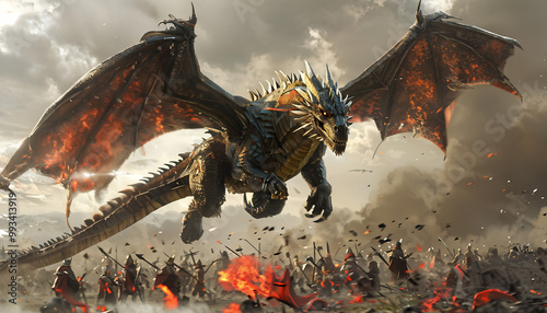 A colossal black dragon dominating a medieval battlefield, with its large wings spread wide, blackened scales shimmering under the stormy sky photo
