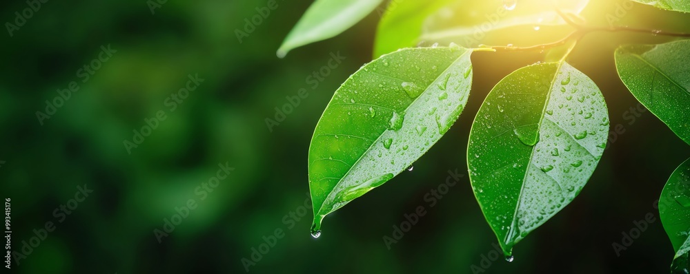 Fresh green leaves with water droplets illuminated by sunlight, nature background. Fresh green leaves with water droplets illuminated by sunlight, nature background.