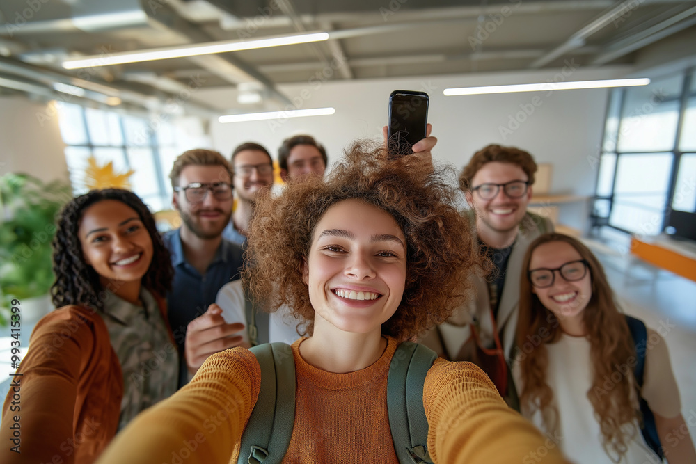 A group of happy young people, likely students or colleagues, are taking a selfie A group of happy young people, likely students or colleagues, are taking a selfie