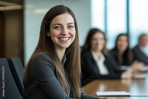 A woman in a business suit smiles at the camera. Other people are seated behind her