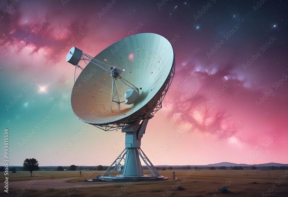 A large satellite dish in space, with the Earth and stars visible in the background A large satellite dish in space, with the Earth and stars visible in the background