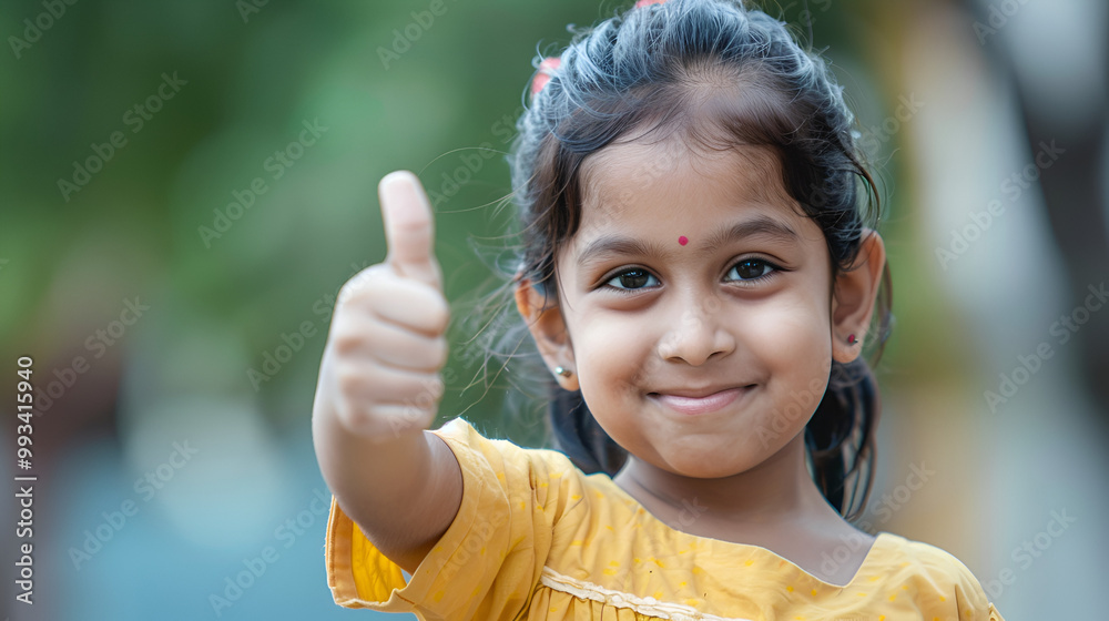 Small Asian girl displaying an approval sign or a thumbs up in the copy space. Small Asian girl displaying an approval sign or a thumbs up in the copy space.