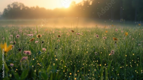 Quiet meadow at dawn with dew-covered grass and vibrant wildflowers under the warm glow of the rising sun.