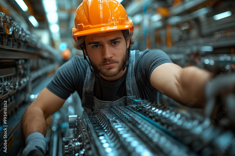 A person in an orange hard hat and work clothes is bent over, examining metal machinery A person in an orange hard hat and work clothes is bent over, examining metal machinery