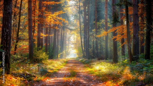 A peaceful forest path with towering trees and a rich carpet of fallen leaves, enhanced by gentle sunlight filtering through the leaves.