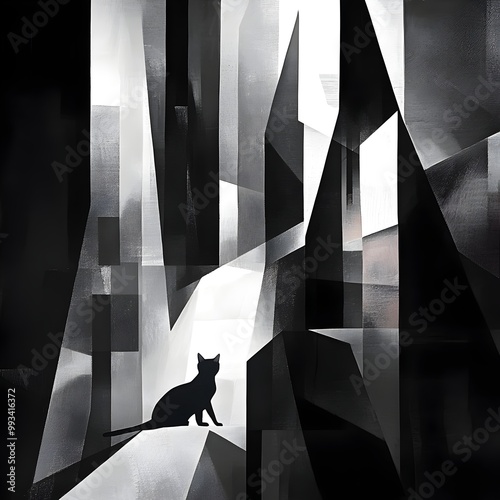 Modernist Cubist Skyscraper with Graceful Abyssinian Cat Navigating Angular Expressionist Forms