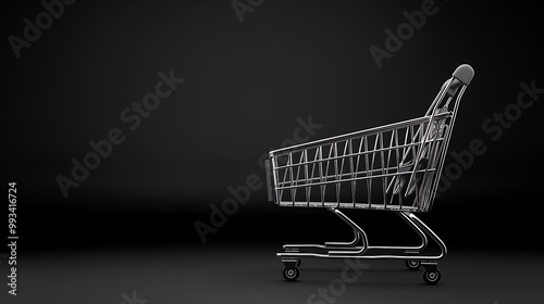 A minimalist image of a sleek shopping cart against a dark background, emphasizing its design and form.