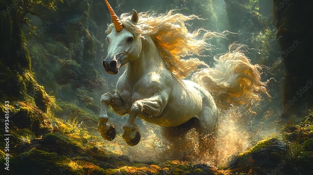 Powerful Unicorn Surging Through Mystical Moss-Covered Forest in Expressive Digital Painting