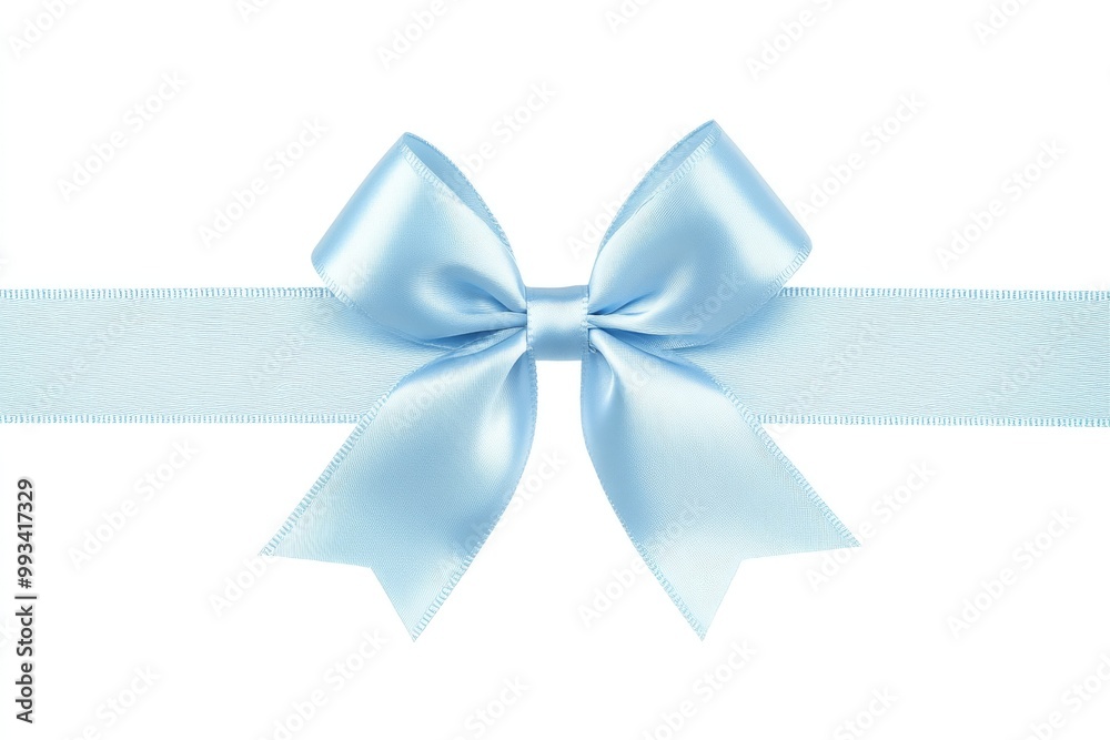 Isolated white background with pastel blue ribbon with bow Isolated white background with pastel blue ribbon with bow