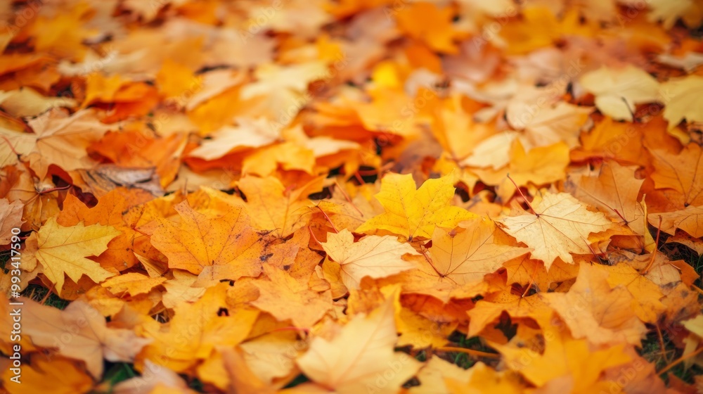 Orange fall leaves in park, autumn natural background
